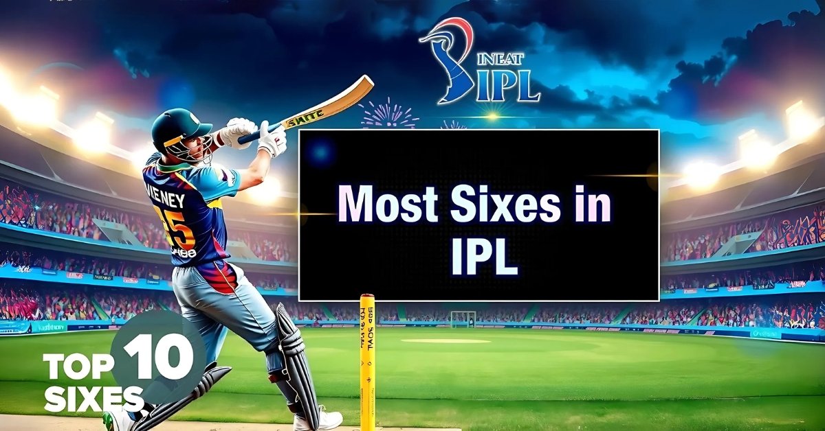 Chris Gayle hitting a six in IPL, leading the Most Sixes in IPL Top 10 list.