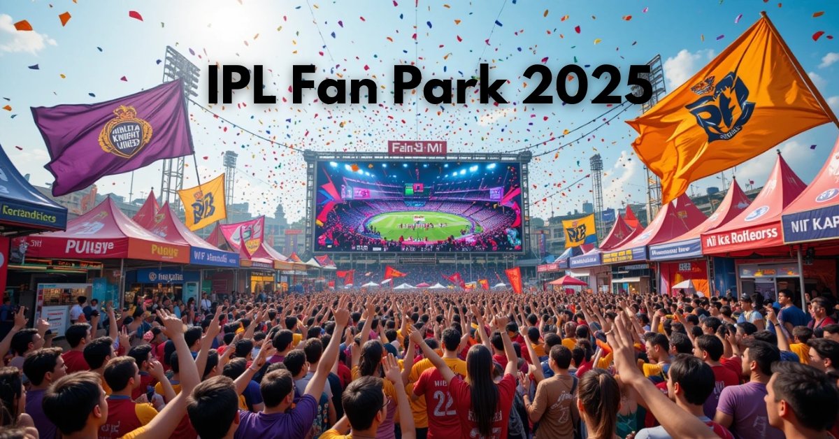 Enthusiastic crowd at IPL Fan Park 2025 cheering in front of a giant screen showing an IPL match.